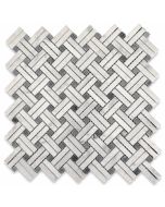 Carrara White Diagonal Basket Weave Stanza Dark Gray Dots Marble Mosaic Tile Polished