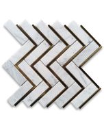 Carrara White Marble 1x4 Herringbone Mosaic Tile w/ Brass Strips Honed