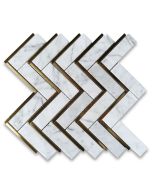 Carrara White Marble 1x4 Herringbone Mosaic Tile w/ Brass Strips Polished
