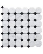 Carrara White 2 inch Octagon Mosaic Tile w/ Black Dots Polished