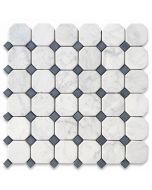 Carrara White Marble 2 inch Octagon Mosaic Tile w/ Nero Marquina Black Dots Tumbled