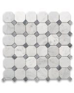 Carrara White Marble 2 inch Octagon Mosaic Tile w/ Bardiglio Gray Dots Honed