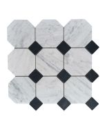 Carrara White Marble 4 inch Octagon Mosaic Tile w/ Nero Marquina Black Dots Honed