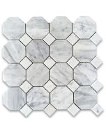 Carrara White Marble 3 inch Octagon Mosaic Tile w/ Carrara White Dots Honed