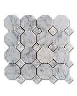 Carrara White Marble 3 inch Octagon Mosaic Tile w/ Carrara White Dots Polished