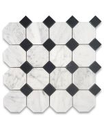 Carrara White Marble 3 inch Octagon Mosaic Tile w/ Nero Marquina Black Dots Honed