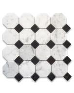 Carrara White Marble 3 inch Octagon Mosaic Tile w/ Nero Marquina Black Dots Polished