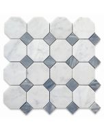 Carrara White Marble 3 inch Octagon Mosaic Tile w/ Bardiglio Gray Dots Honed