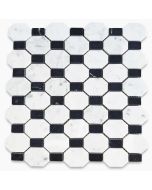 Carrara White Marble 2 inch Regency Stella Long Octagon w/ Black Dots Honed