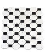 Carrara White Marble 2 inch Regency Stella Long Octagon w/ Black Dots Polished