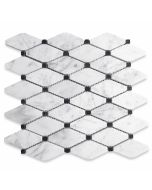 Carrara White Marble 1-3/4x3-1/2 Long Octave Rhomboid Mosaic Tile w/ Black Dots Honed