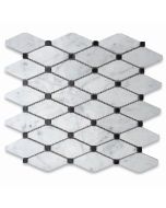 Carrara White Marble 1-3/4x3-1/2 Long Octave Rhomboid Mosaic Tile w/ Black Dots Polished