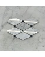 Carrara White Marble 1-3/4x3-1/2 Long Octave Rhomboid Mosaic Tile w/ Black Dots Polished
