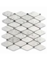 Carrara White Marble 1-3/4x3-1/2 Long Octave Rhomboid Mosaic Tile w/ Dark Gray Dots Polished