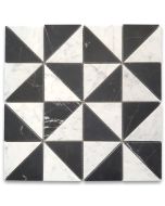 Carrara White and Nero Marquina Black Marble 3x3x4 Windmill Triangle Mosaic Tile Honed