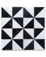 Carrara White and Nero Marquina Black Marble 3x3x4 Windmill Triangle Mosaic Tile Polished