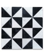 Carrara White and Nero Marquina Black Marble 3x3x4 Windmill Triangle Mosaic Tile Polished