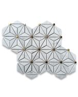 Carrara White Marble 1.5x2.5 Rhombus Triangle Geometric Mosaic Tile w/ Round Brass Dots Polished
