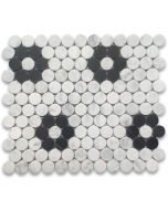 Carrara White Marble 1 inch Penny Round Rosette Mosaic Tile w/ Nero Marquina Black Honed