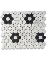 Carrara White Marble 1 inch Penny Round Rosette Mosaic Tile w/ Nero Marquina Black Polished