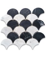 Carrara White Nero Marquina Black Marble Grand Fish Scale Fan Shape Mosaic Tile Honed