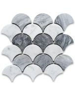 Carrara White Bardiglio Gray Marble Grand Fish Scale Fan Shape Mosaic Tile Honed