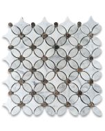 Carrara White Marble Chateau Flower Mosaic Tile w/ Emperador Dark Brown Dots Honed