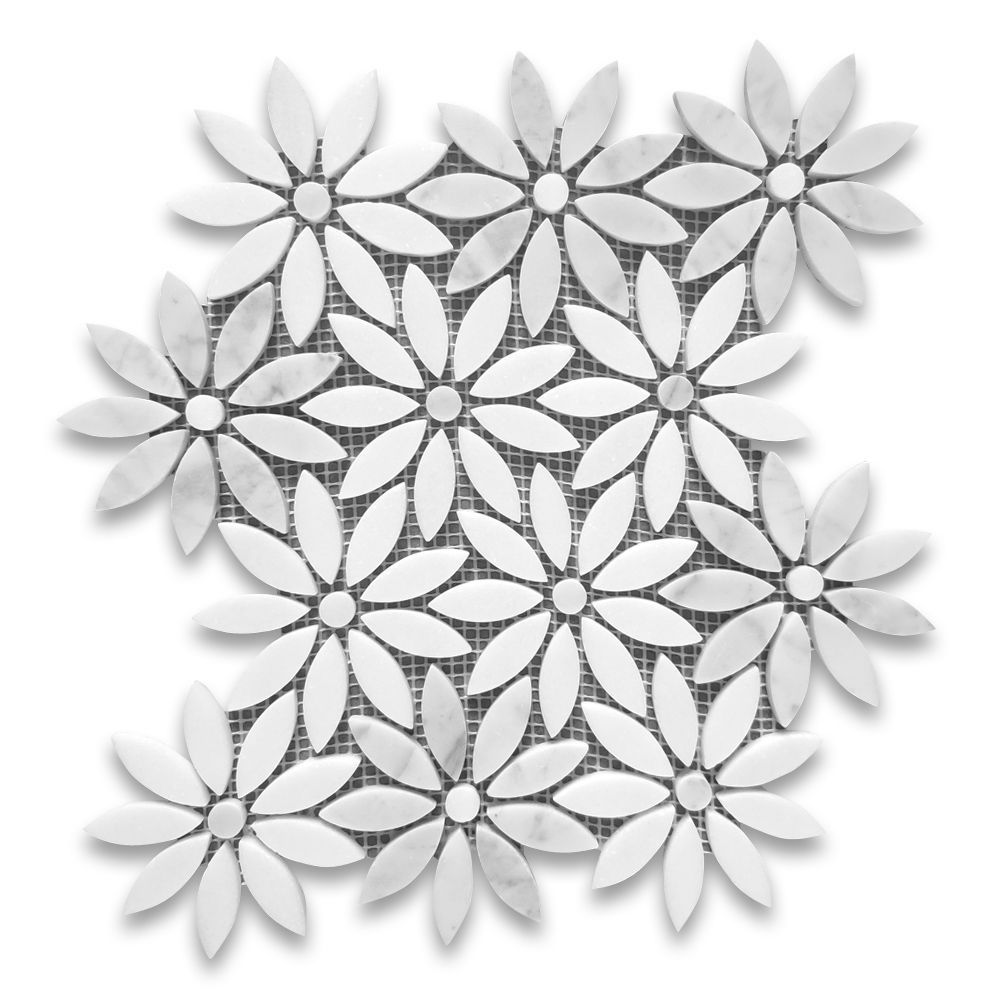 Carrara White Thassos White Marble Daisy Field Flower Waterjet Mosaic Tile Honed