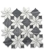 Carrara White Marble Ice Flower Blossom Waterjet Mosaic Tile w/ Bardiglio Gray Honed