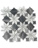 Carrara White Marble Ice Flower Blossom Waterjet Mosaic Tile w/ Bardiglio Gray Polished