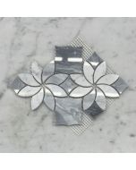 Carrara White Marble Ice Flower Blossom Waterjet Mosaic Tile w/ Bardiglio Gray Polished