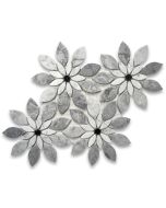 Carrara White Marble Wildflower Rain Flower Waterjet Mosaic Tile w/ Bardiglio & Nero Honed