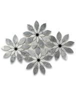 Carrara White Marble Wildflower Rain Flower Waterjet Mosaic Tile w/ Bardiglio & Nero Polished