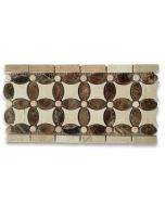 Emperador Dark Marble Flower Mosaic Border Listello Tile w/ Crema Marfil Beige Polished