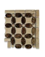 Emperador Dark Flower Mosaic Border Corner Tile w/ Crema Marfil Dots Polished