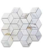 Calacatta Gold Marble 2x3 Illusion 3D Cube Rhombus Diamond Hexagon Mosaic Tile Polished