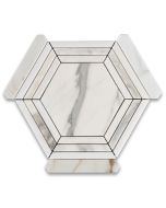 Calacatta Gold Marble 5 inch Hexagon Georama Geometric Mosaic Tile w/ Thassos White Strips Honed