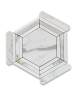 Calacatta Gold Marble 5 inch Hexagon Georama Geometric Mosaic Tile w/ Thassos White Strips Polished