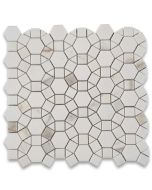 Calacatta Gold Marble 1-1/2 inch Hexagon Sunflower Ring Waterjet Mosaic Tile w/ Thassos White Honed