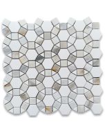 Calacatta Gold Marble 1-1/2 inch Hexagon Sunflower Ring Waterjet Mosaic Tile w/ Thassos White Polished