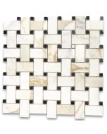 Calacatta Gold 1x2 Basketweave Mosaic Tile w/ Black Dots Polished