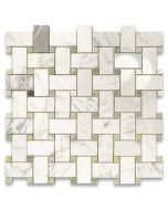 Calacatta Gold 1x2 Basketweave Mosaic Tile w/ Green Dots Polished