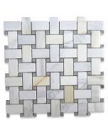 Calacatta Gold 1x2 Basketweave Mosaic Tile w/ Gray Dots Honed