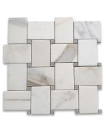 Calacatta Gold Marble Large Basketweave Mosaic Tile w/ Cinderella Gray Tan Dots Polished