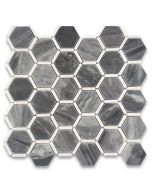 Bardiglio Gray Marble 2 inch Hexagon Mosaic Tile w/ Thassos White Strips Polished