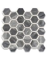 Bardiglio Gray Marble 2 inch Hexagon Mosaic Tile w/ Thassos White Strips Polished