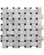 Statuary White Marble 1x2 Basketweave Mosaic Tile w/ Black Dots Honed