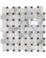 Statuary White Marble 1x2 Basketweave Mosaic Tile w/ Black Dots Polished