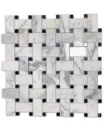 Statuary White Marble 1x2 Basketweave Mosaic Tile w/ Black Dots Polished