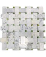 Statuary White Marble 1x2 Basketweave Mosaic Tile w/ Green Dots Polished